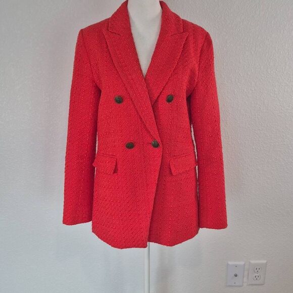 Loft Women Size 2 Tweed Double Breasted Coral Red Blazer - Picture 1 of 10